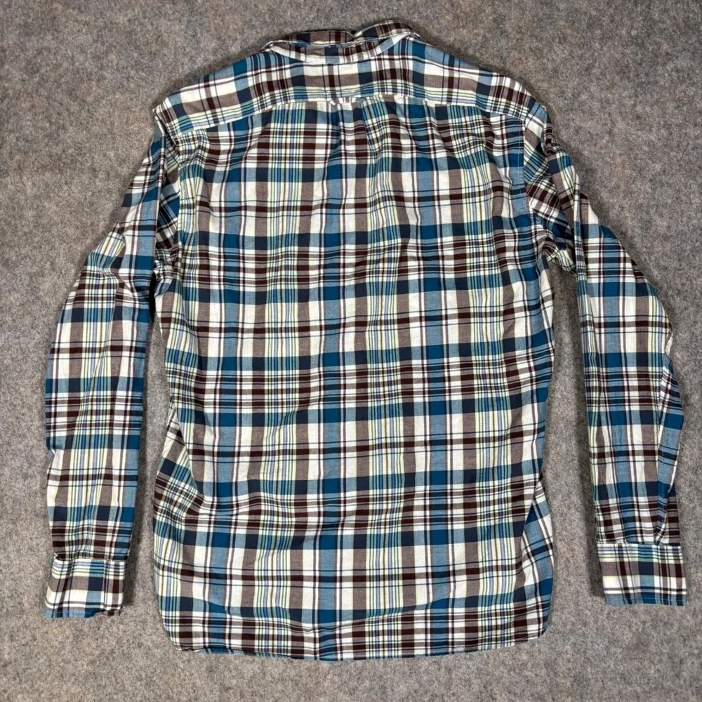 J.Crew Indian Madras Shirt Mens L Slim Blue Brown Plaid Button Up Long Sleeve